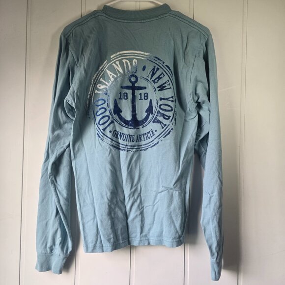 Size SM 1000 Islands Long‎ Sleeve Tee Light Teal Blue Vacation and Travel Tee - Picture 3 of 5